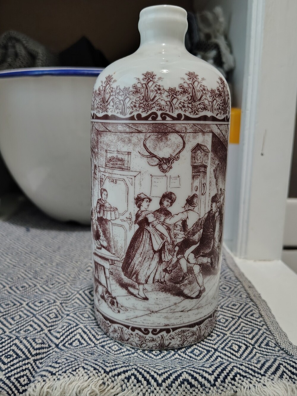 Antique decorative White Ceramic Decanter Bottle with Brown Scene
